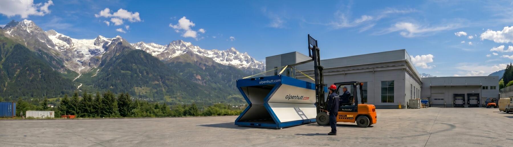 Alpenhutt foldable unit deployed against the Alps